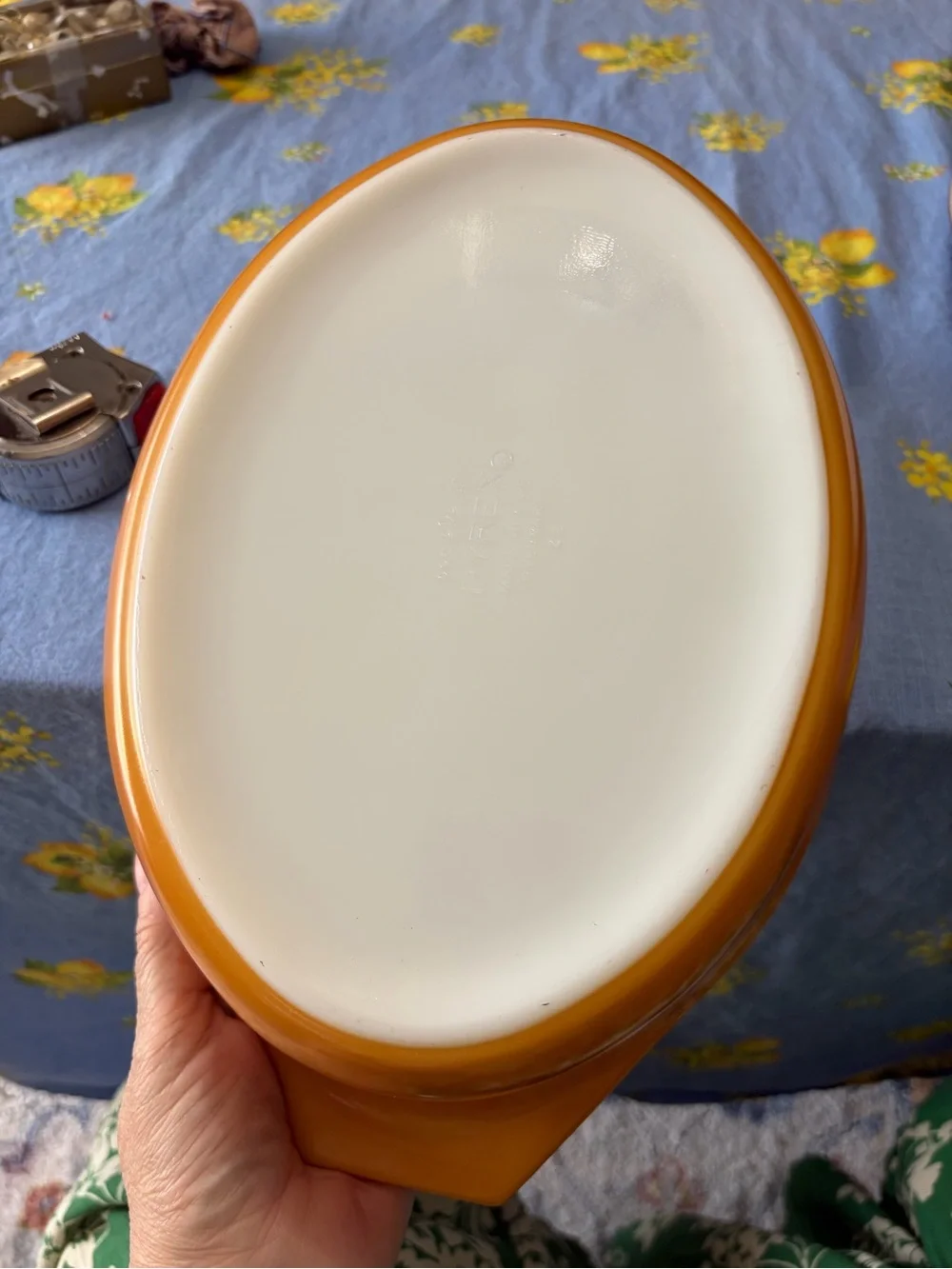 Pyrex Brown and Orange Vitrolite Casserole Dish with Fruit Pattern vintage